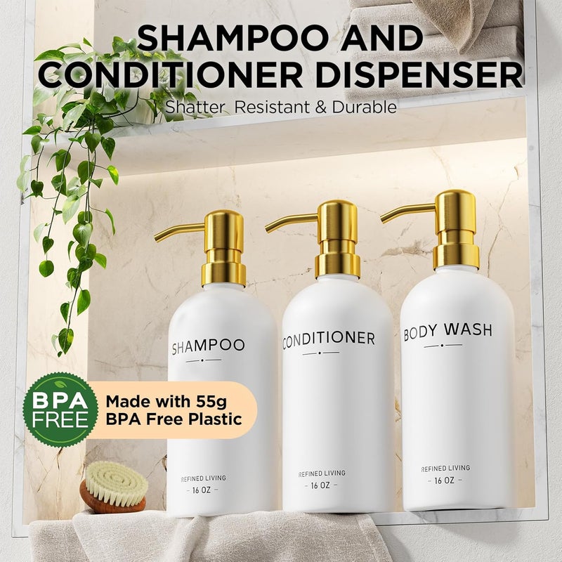 Aeakey Shampoo and Conditioner Dispenser Set,3 Refillable 16oz Bottles with Stainless Steel Pumps – Shower Soap Dispensers for Bathroom, Hotel or Airbnb (Gold, 3-Pack) - Image 2